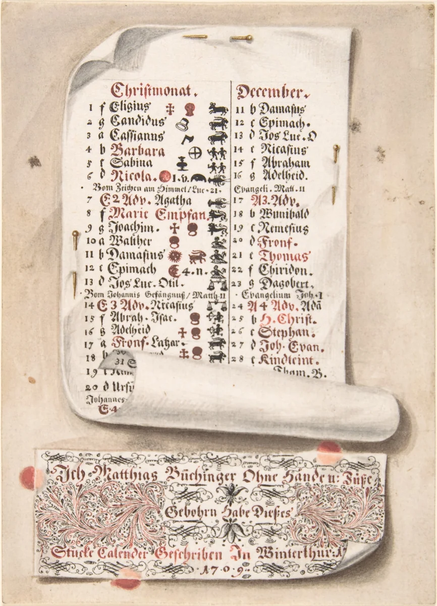 Calligraphic Trompe-l'œil Calendar by Matthias Buchinger, drawing, 1709