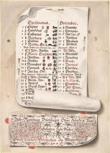 Calligraphic Trompe-l'œil Calendar by Matthias Buchinger, drawing, 1709