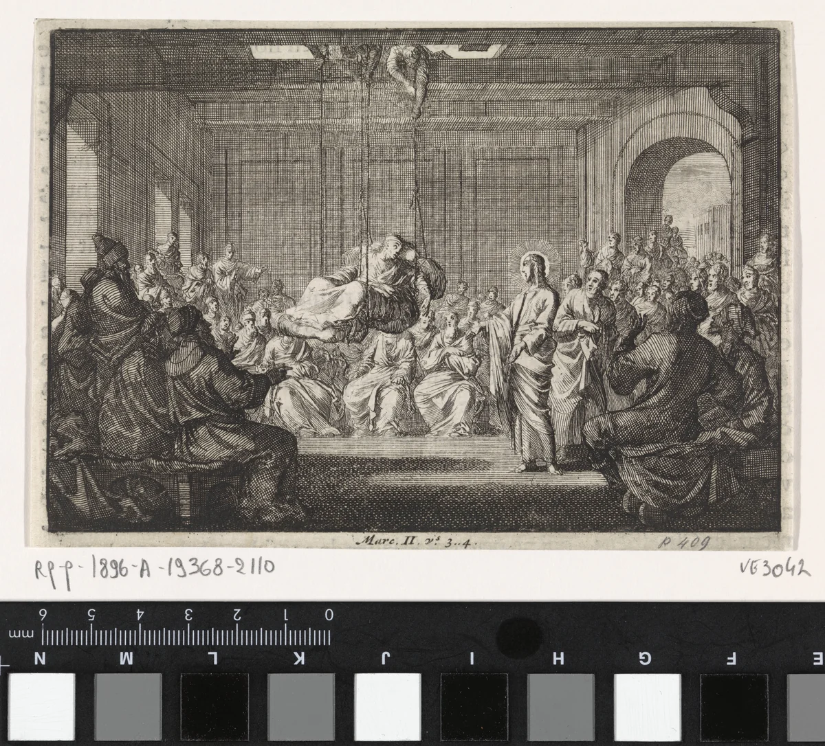Christus geneest een verlamde man die door het dak werd neergelaten by Jan Luyken, print, 1703-1762