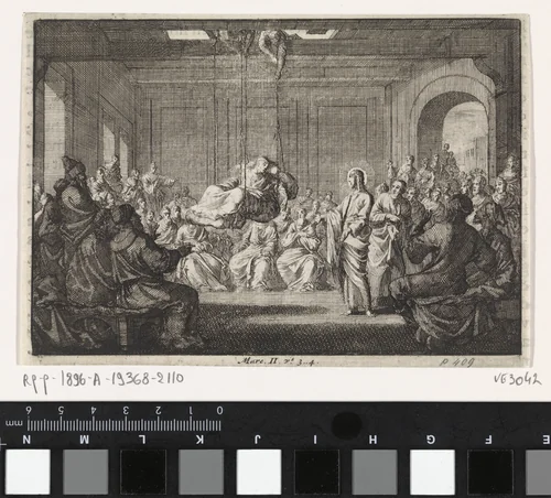 Christus geneest een verlamde man die door het dak werd neergelaten by Jan Luyken, print, 1703-1762