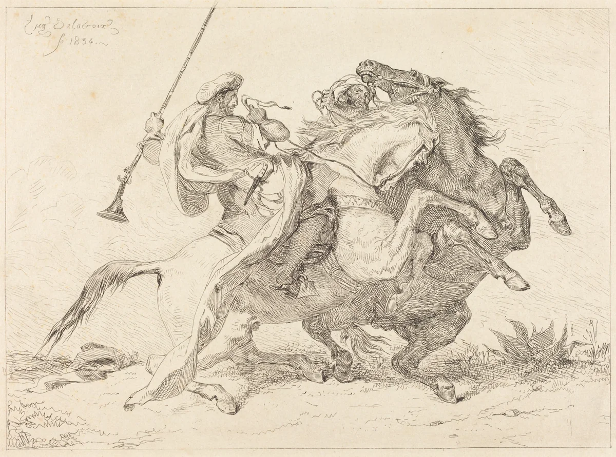 Encounter of the Moorish Horsemen (Rencontre de Cavaliers Maures) by Eugène Delacroix, print, 1834