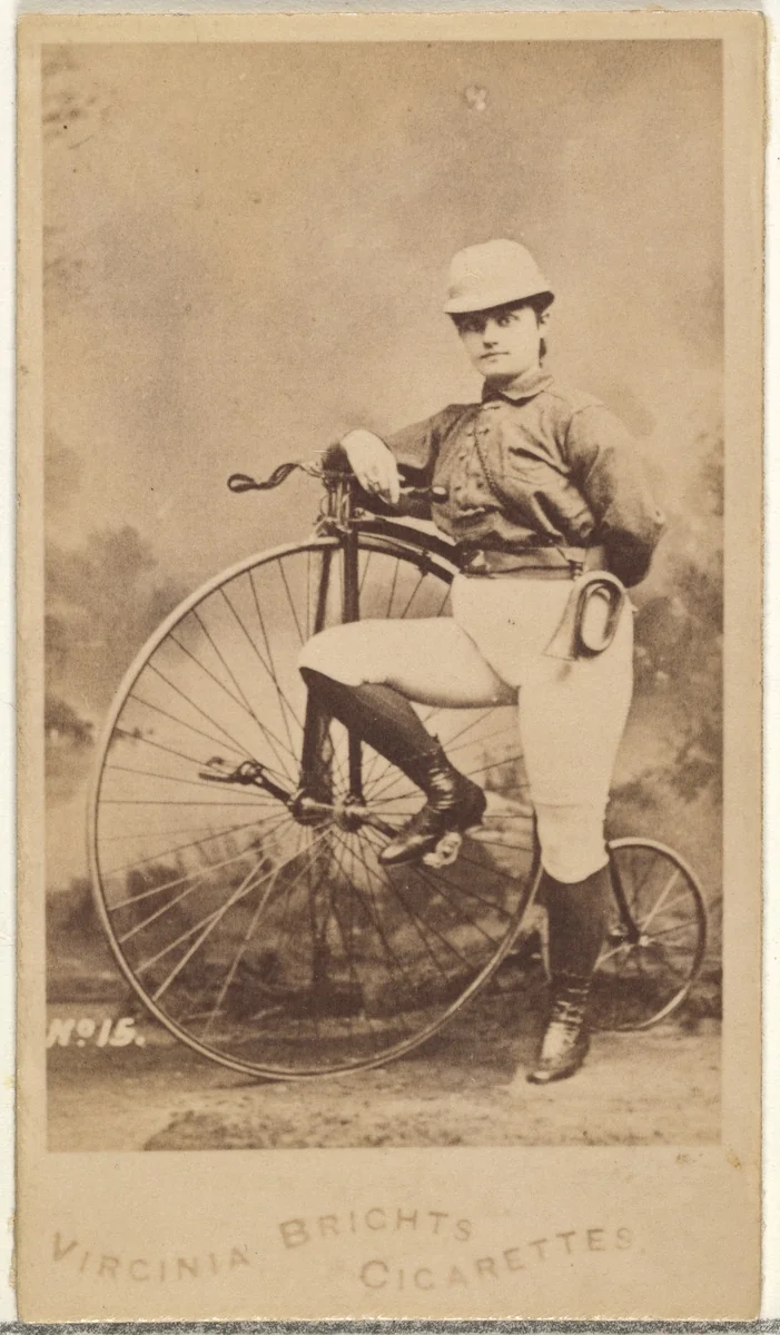 Card 15, from the Girl Cyclists series (N49) for Virginia Brights Cigarettes by Allen & Ginter, photograph, 1887