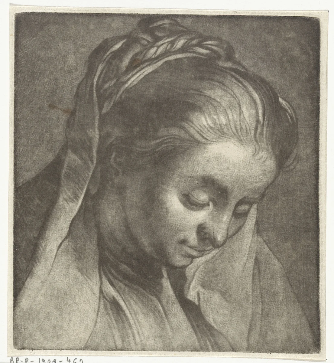Omlaag kijkende vrouw by Arnout Rentinck, print, 1722-1775