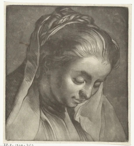 Omlaag kijkende vrouw by Arnout Rentinck, print, 1722-1775