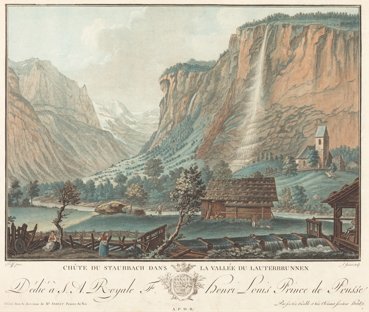 Chute de Staubbach, dans la Vallée de Lauterbrunnen (Falls at Staubbach in the Lauterbrunnen Valley) by Jean-François Janinet; Caspar Wolf, print, 1776