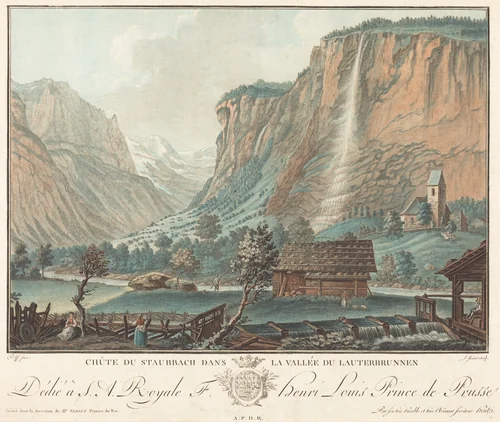 Chute de Staubbach, dans la Vallée de Lauterbrunnen (Falls at Staubbach in the Lauterbrunnen Valley) by Jean-François Janinet; Caspar Wolf, print, 1776