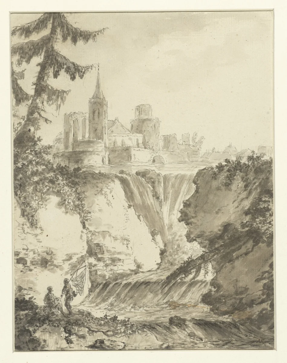 Ruïneus kerkgebouw bij een waterval by anonymous, drawing, 1700-1800
