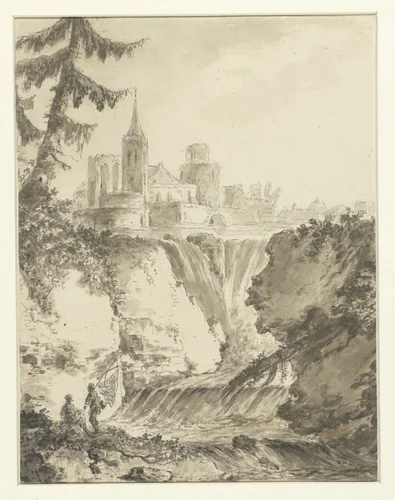 Ruïneus kerkgebouw bij een waterval by anonymous, drawing, 1700-1800