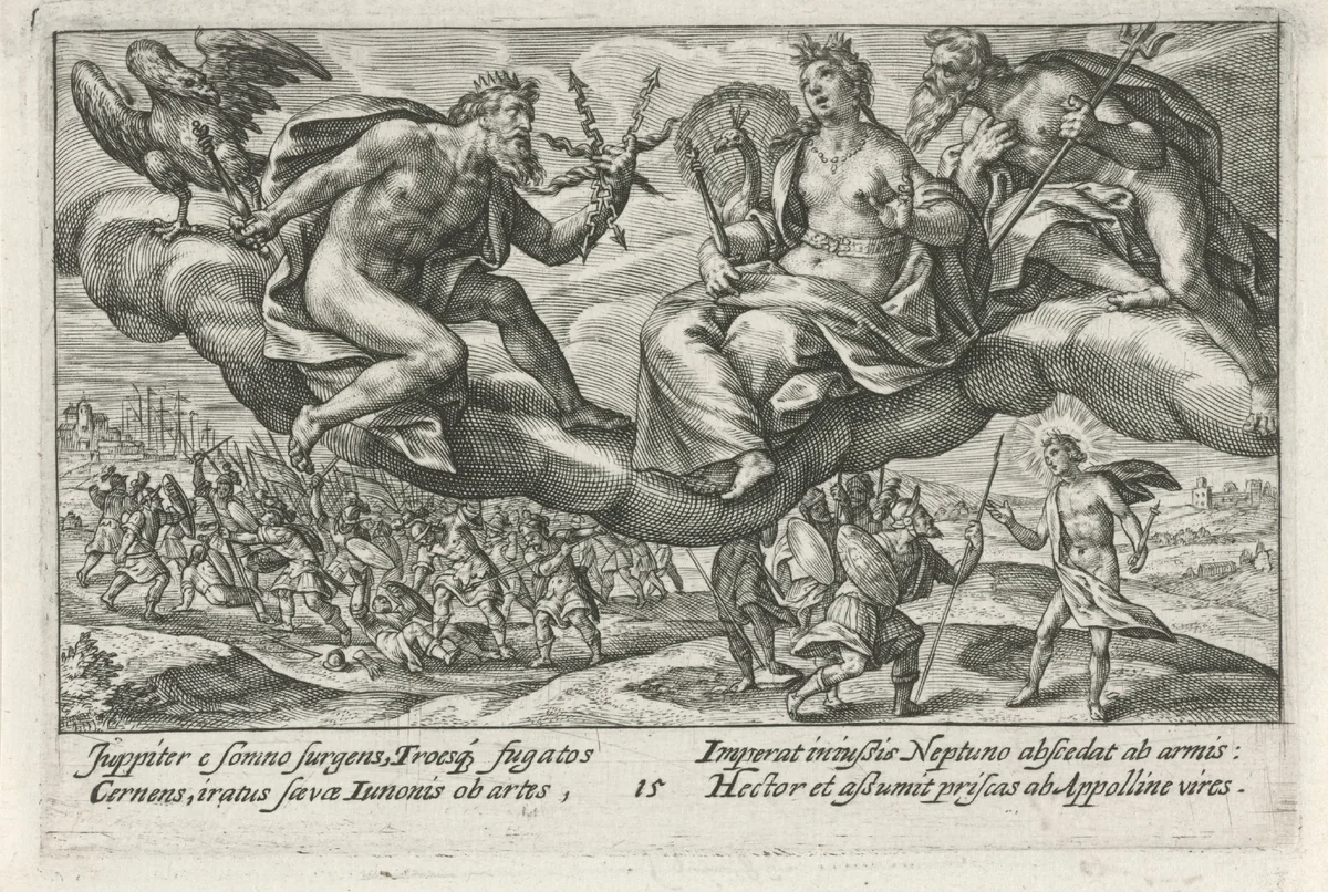 Jupiter berispt Juno en Neptunus by Crispijn van de Passe, print, 1613