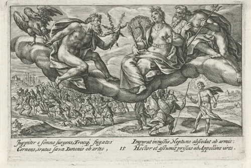 Jupiter berispt Juno en Neptunus by Crispijn van de Passe, print, 1613