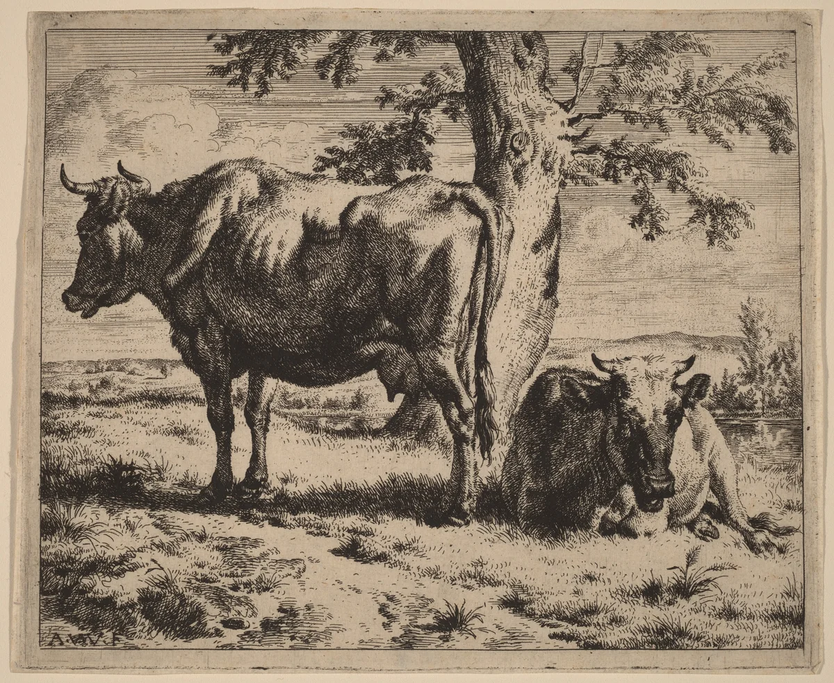 Two Cows under a Tree by Adriaen van de Velde, print, 1670