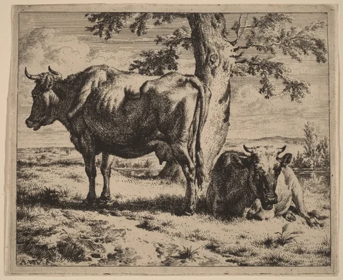 Two Cows under a Tree by Adriaen van de Velde, print, 1670