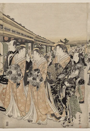 Courtesans Promenading on the Nakanochō by Utagawa Toyokuni, print, 1785-1795