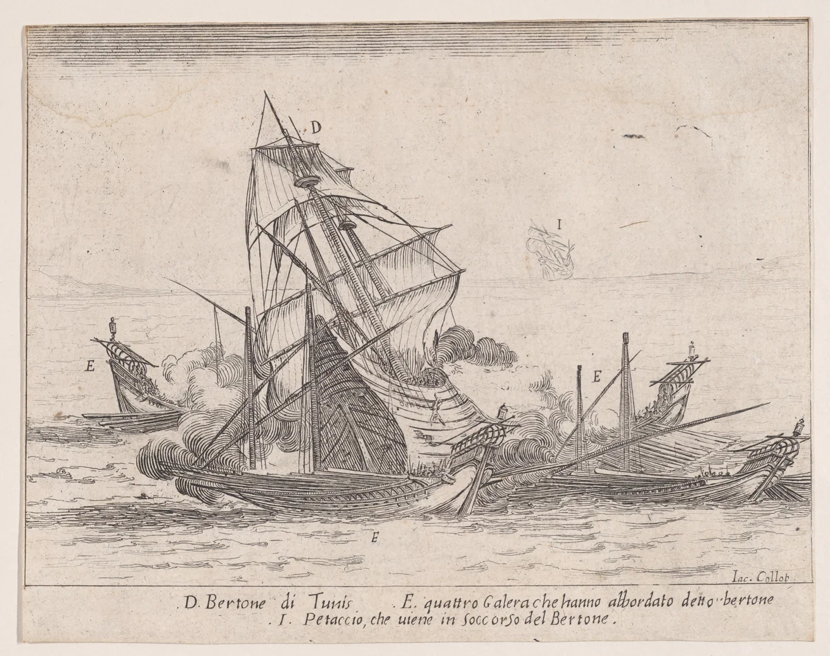 L'Abordage du 'Bertone' (The Colission of 'Bertone'), from "Les Combats de Quatre Galères" (The Battles of Four Galleys) by Jacques Callot, print, 1605-1635