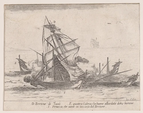 L'Abordage du 'Bertone' (The Colission of 'Bertone'), from "Les Combats de Quatre Galères" (The Battles of Four Galleys) by Jacques Callot, print, 1605-1635