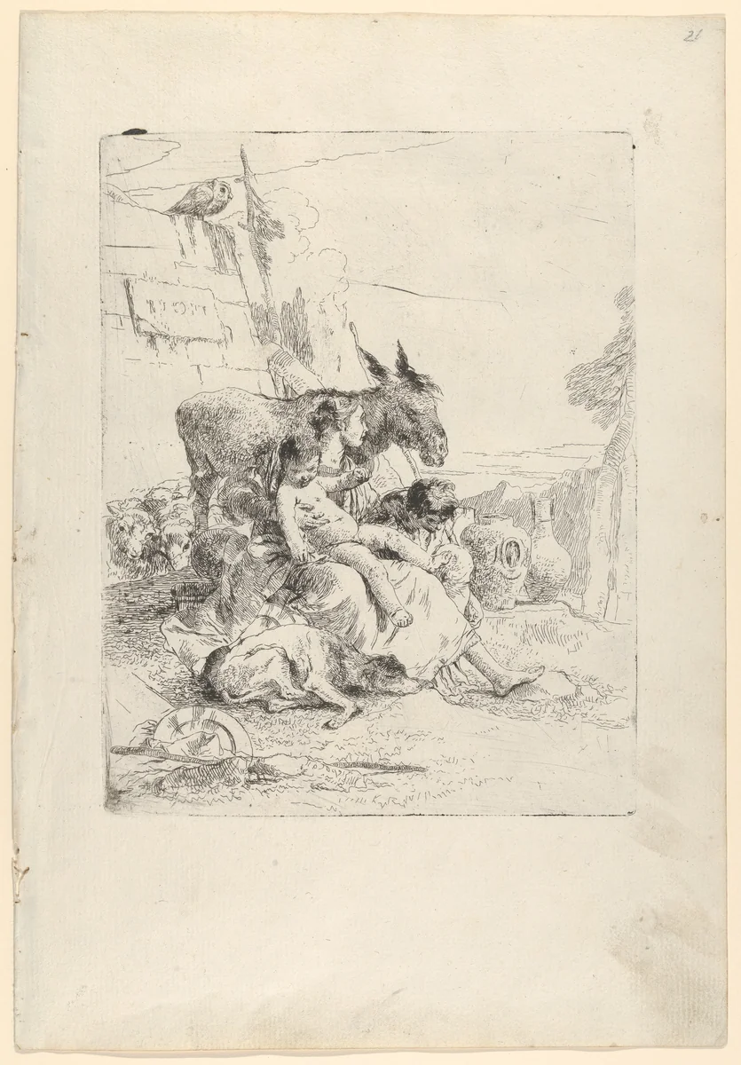 A Mother with two Children, from the Scherzi by Giovanni Battista Tiepolo, print, 1725-1780