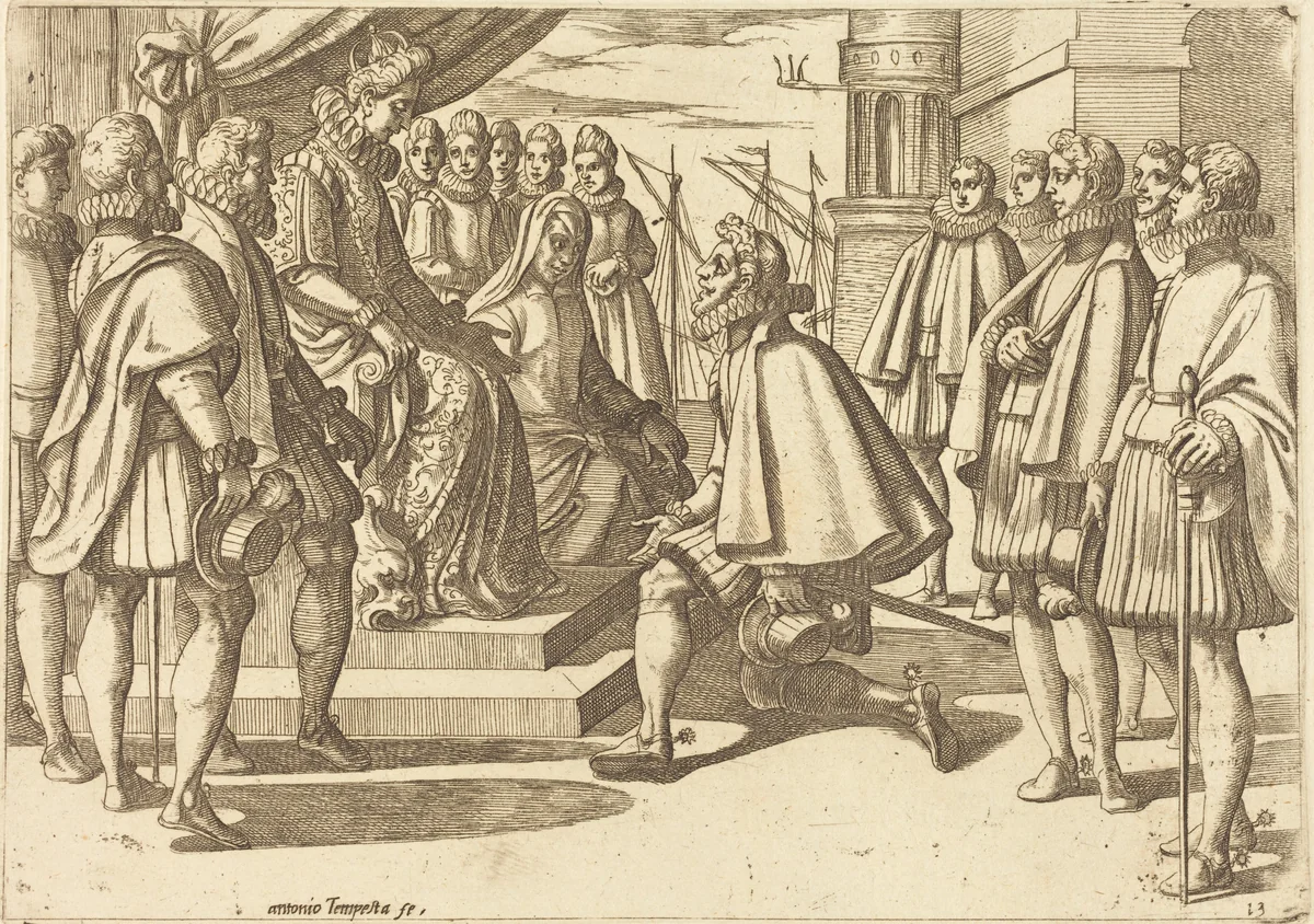 Spanish Duke before Margaret of Austria by Antonio Tempesta, print, 1612