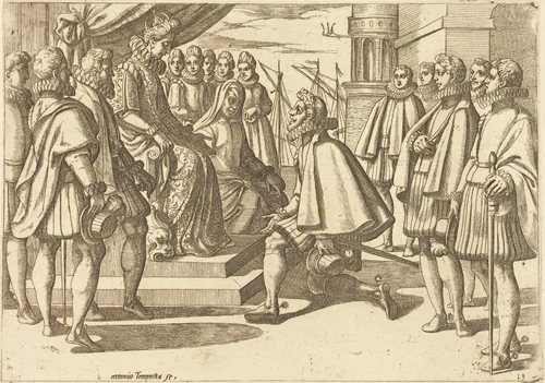 Spanish Duke before Margaret of Austria by Antonio Tempesta, print, 1612