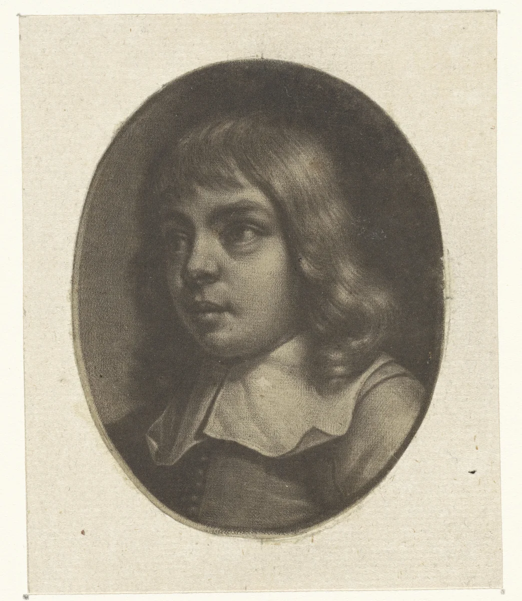 Buste van een jongen in een ovaal, naar links by Wallerant Vaillant, print, 1658-1677