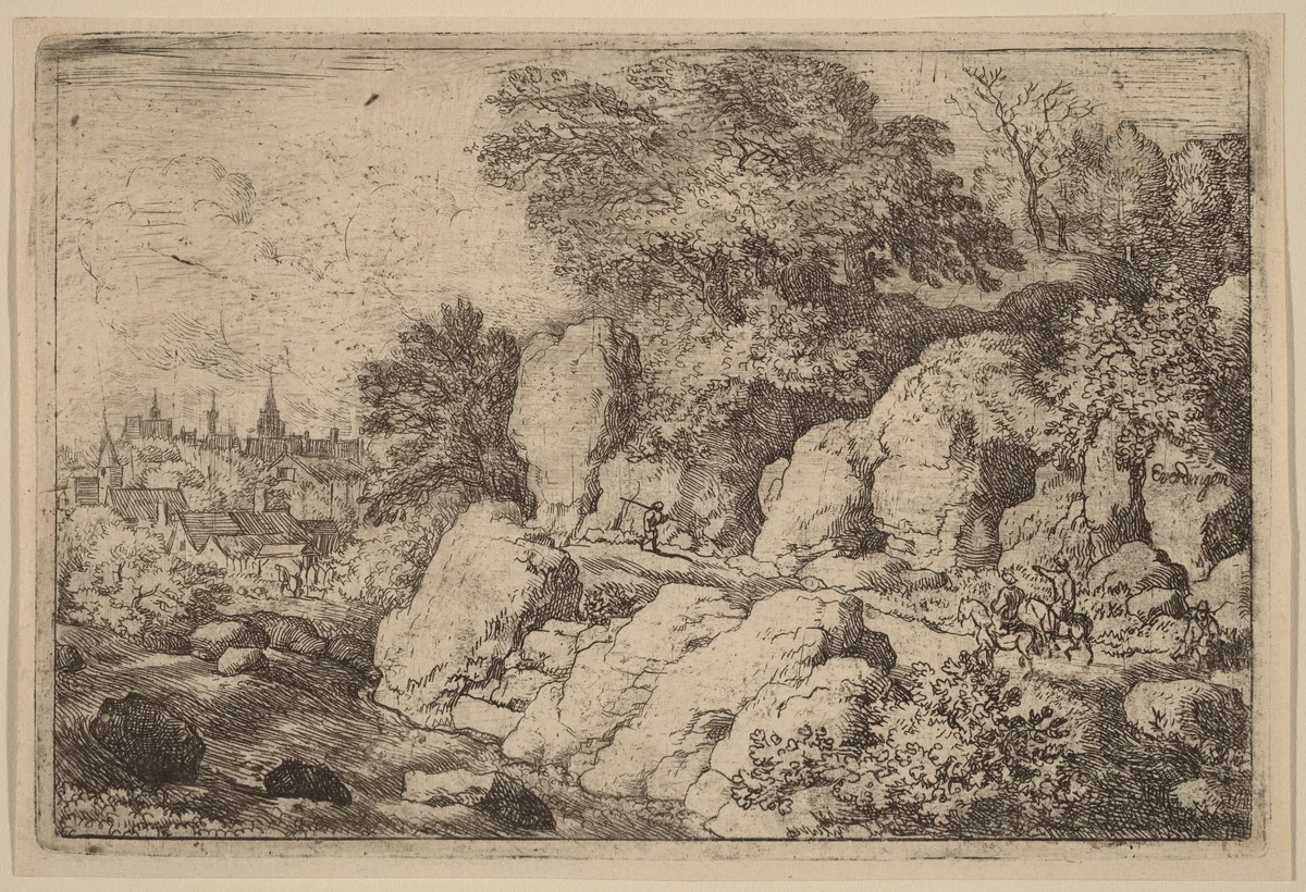 Two Horsemen on a Rocky Path by Allart van Everdingen, print, 1645-1656