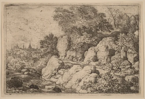 Two Horsemen on a Rocky Path by Allart van Everdingen, print, 1645-1656
