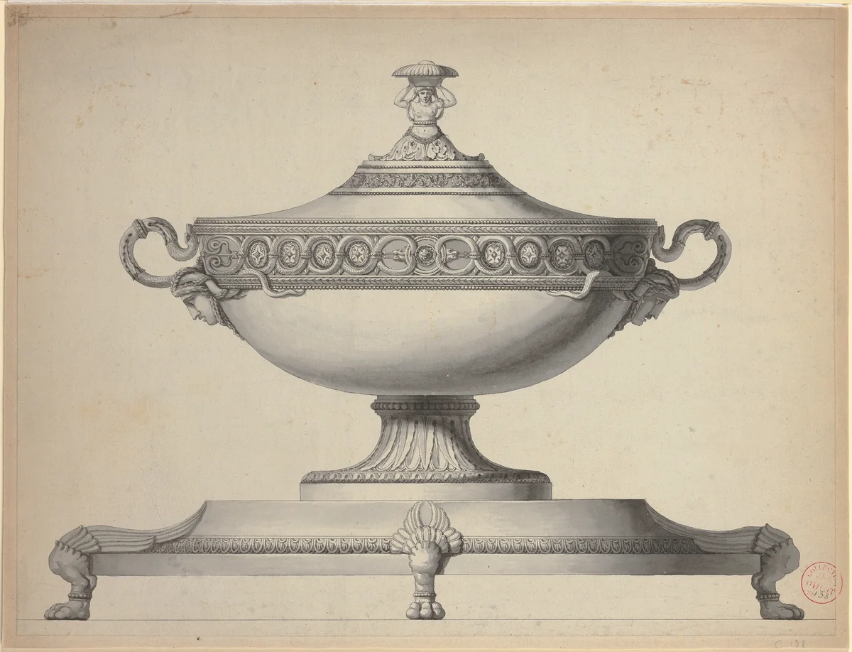 Design for a Covered Tureen on a Footed Stand by Henri Auguste, drawing, 1770-1816