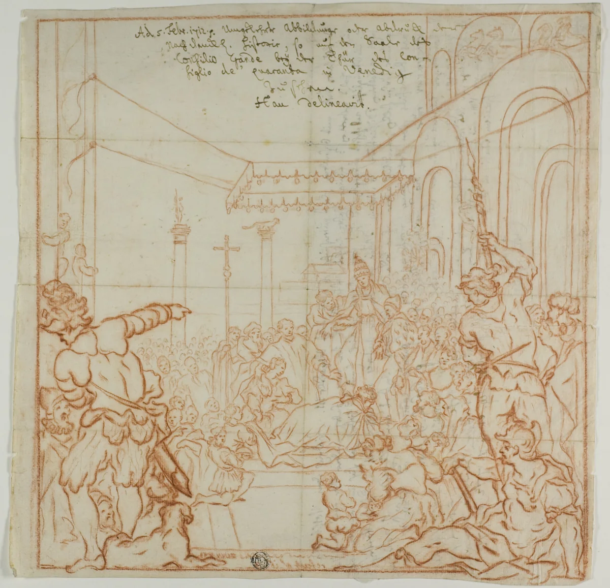Submission of the Emperor Frederick Barbarossa to Pope Alexander III by Hieronymus Hau, drawing, 1712