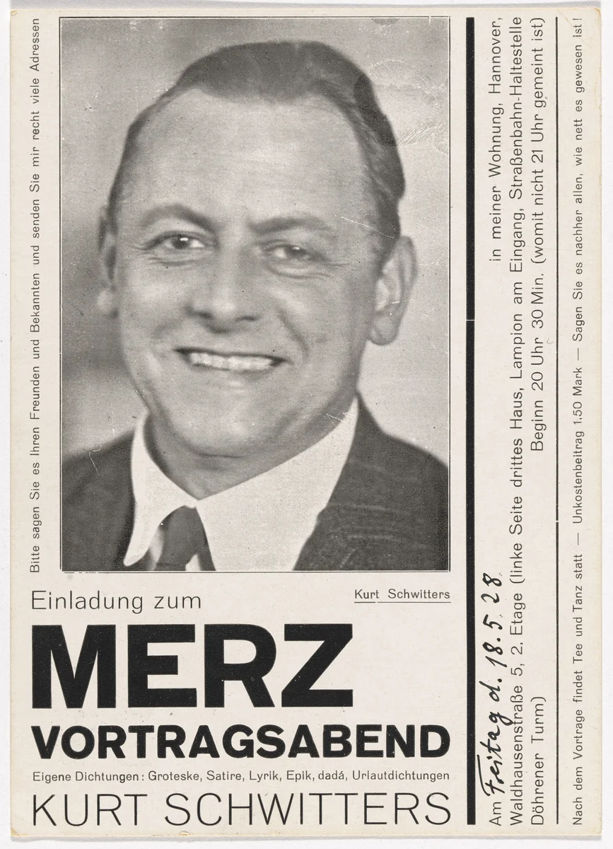 Postcard invitation for Merz lecture evening (Merz Vortragsabend) by Kurt Schwitters, design, 1928