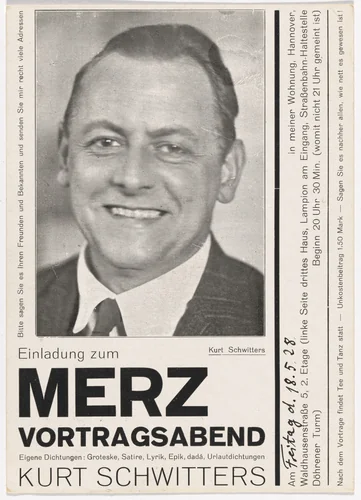 Postcard invitation for Merz lecture evening (Merz Vortragsabend) by Kurt Schwitters, design, 1928