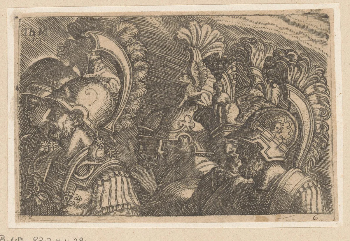 Zes strijders met geornamenteerde helmen by Unknown, print, 1536