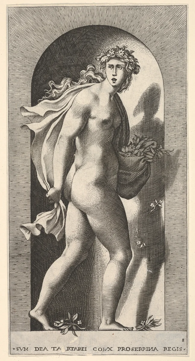 Plate 8: Proserpina, standing in a niche, turning to the right while holding mantle in both hands and flowers in her right hand, from "Mythological Gods and Goddesses" by Giovanni Jacopo Caraglio, print, 1526