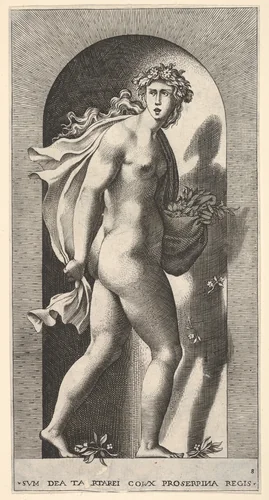 Plate 8: Proserpina, standing in a niche, turning to the right while holding mantle in both hands and flowers in her right hand, from "Mythological Gods and Goddesses" by Giovanni Jacopo Caraglio, print, 1526