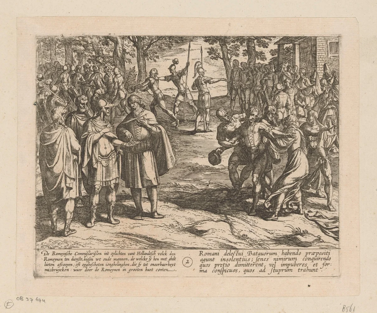 De oude Bataafse mannen kopen hun dienst aan de Romeinen af, 69-70 by Antonio Tempesta, print, 1612