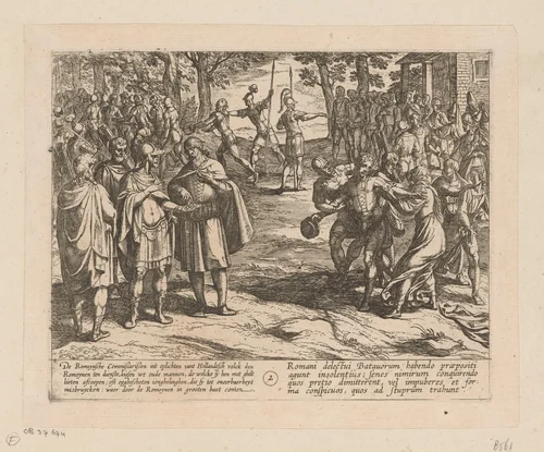 De oude Bataafse mannen kopen hun dienst aan de Romeinen af, 69-70 by Antonio Tempesta, print, 1612