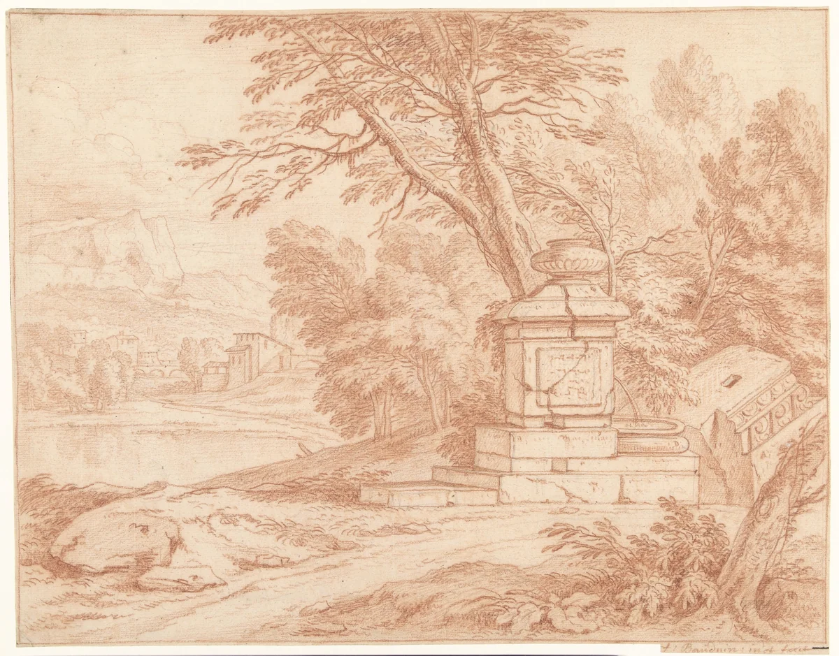 Italiaans landschap met vervallen fontein by Frans Boudewijns, drawing, 1700-1766