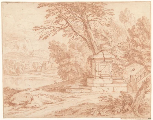 Italiaans landschap met vervallen fontein by Frans Boudewijns, drawing, 1700-1766