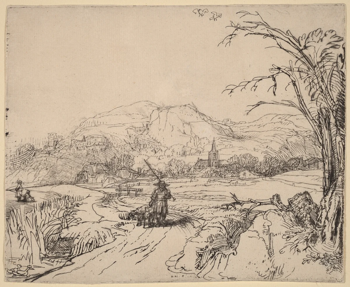 Landscape with Sportsman and Dog by Rembrandt van Rijn, print, 1653