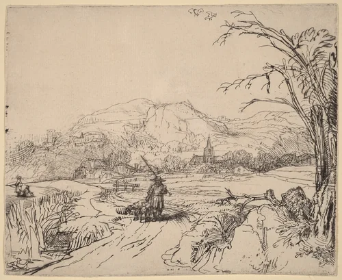 Landscape with Sportsman and Dog by Rembrandt van Rijn, print, 1653
