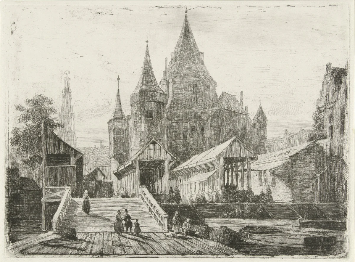 Gezicht op de Nieuwmarkt te Amsterdam by Lambertus Hardenberg, print, 1849