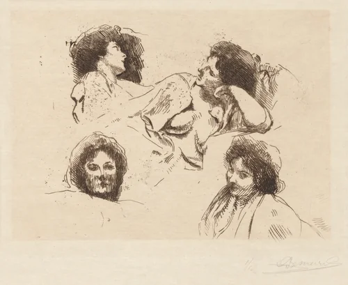 Four Heads of Women: Study for “The Happy Island” (Quatre têtes de Femmes: Étude pour “L’Ile Heureuse”) by Albert Besnard, print, 1899