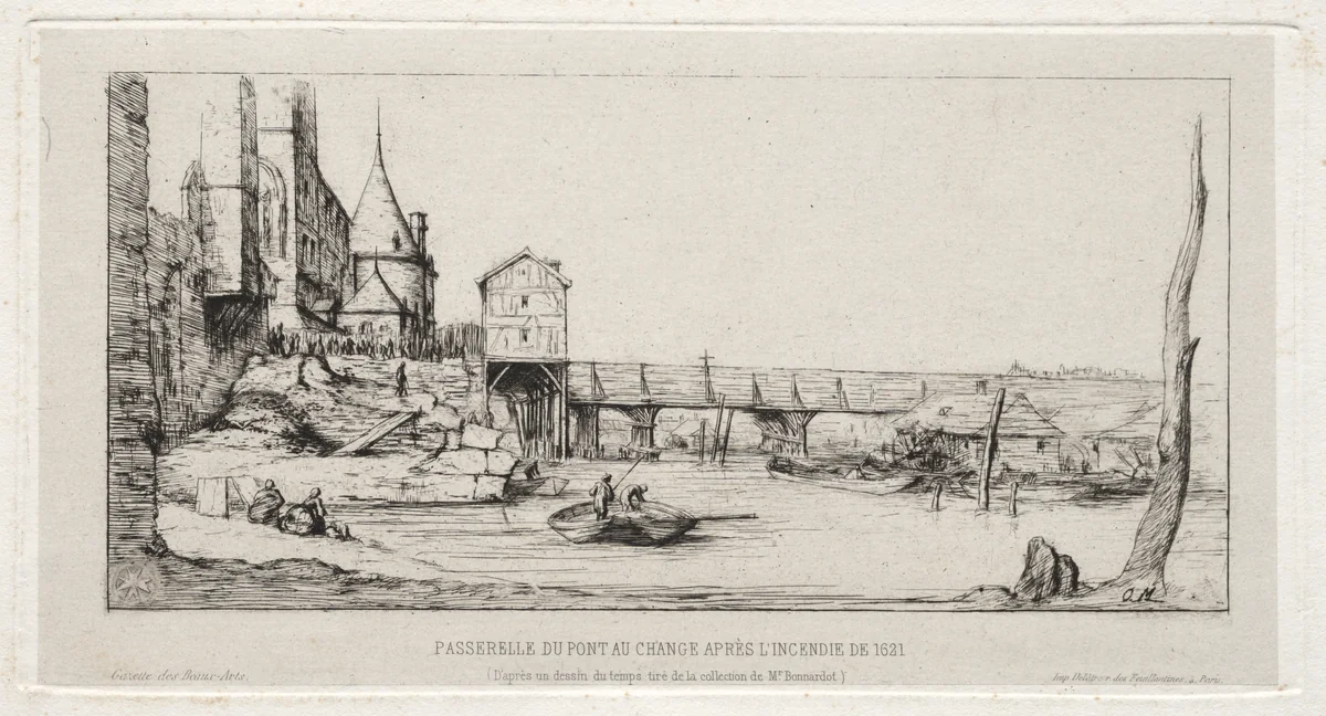 Footbridge Temporarily Replacing the Exchange Bridge,Paris, after the fire of 1621 by Charles Meryon, print, 1860
