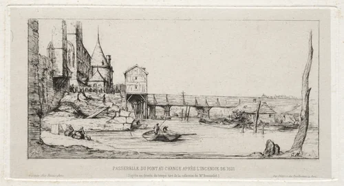 Footbridge Temporarily Replacing the Exchange Bridge,Paris, after the fire of 1621 by Charles Meryon, print, 1860