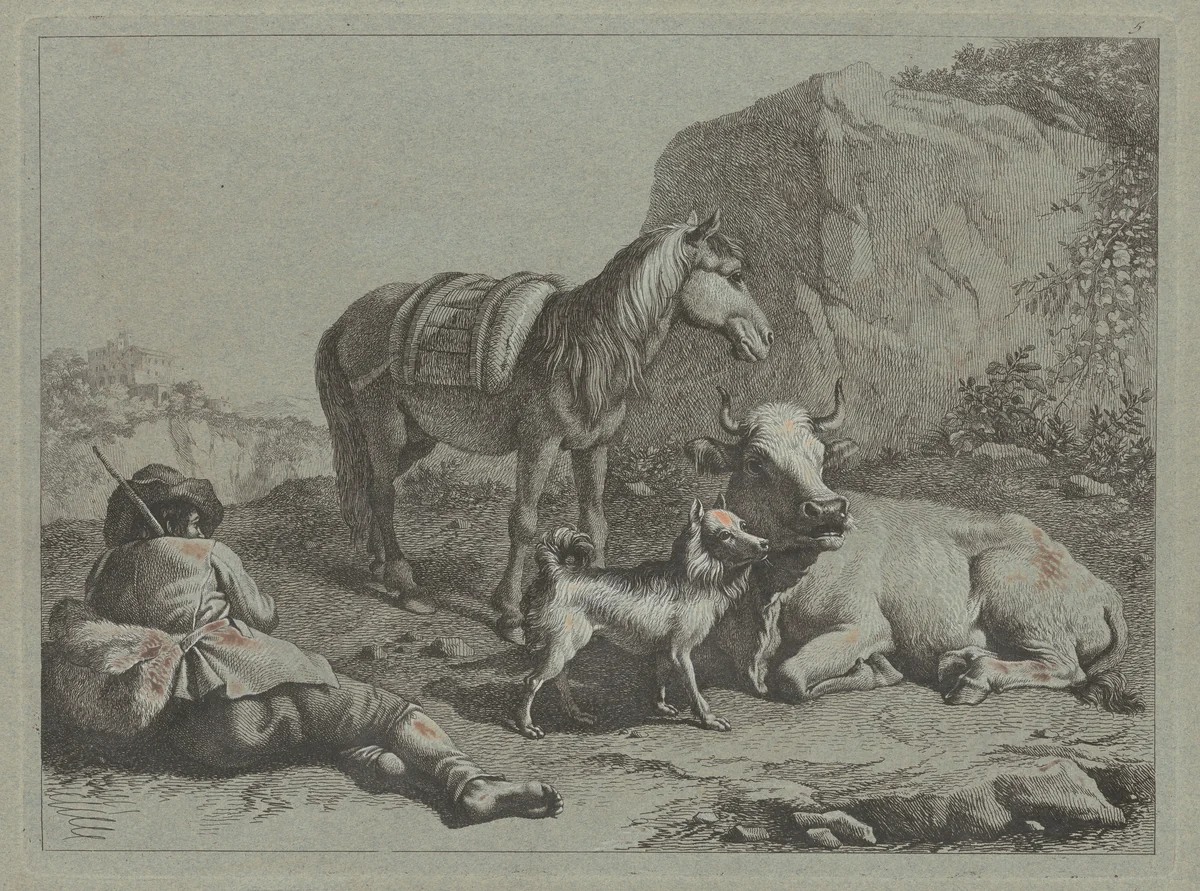 Reclining Shepherd with a Sack by Francesco Londonio, print, 1758-1768