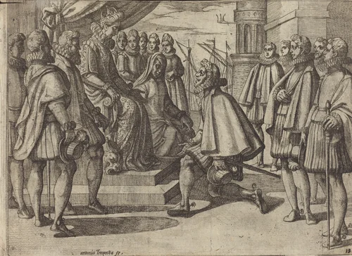 Spanish Duke Before Margaret of Austria [verso] by Antonio Tempesta, print, 1612