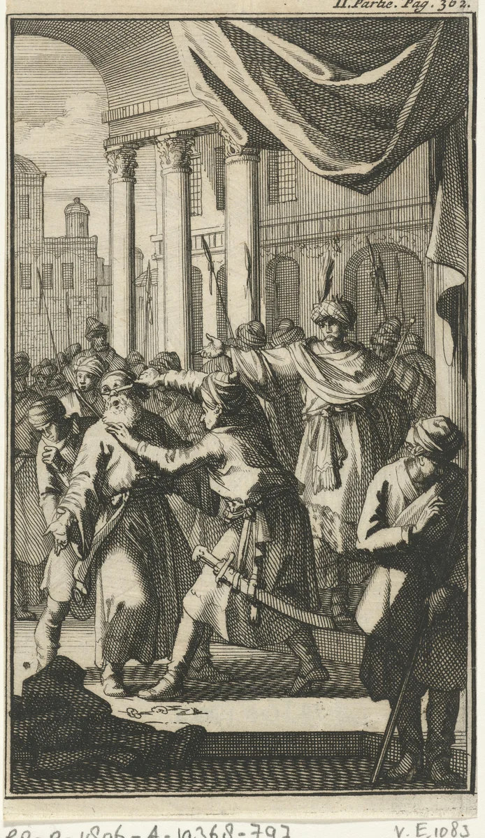 Wreedheid van shah Sefi, die een jongeman zijn vaders oren en neus laat afsnijden by Jan Luyken, print, 1689