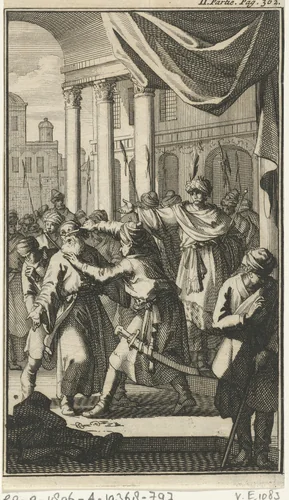 Wreedheid van shah Sefi, die een jongeman zijn vaders oren en neus laat afsnijden by Jan Luyken, print, 1689