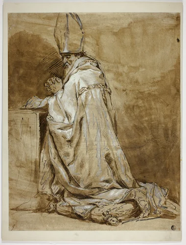 Bishop Kneeling in Prayer by Abraham Bloemaert, drawing, 1700-1799