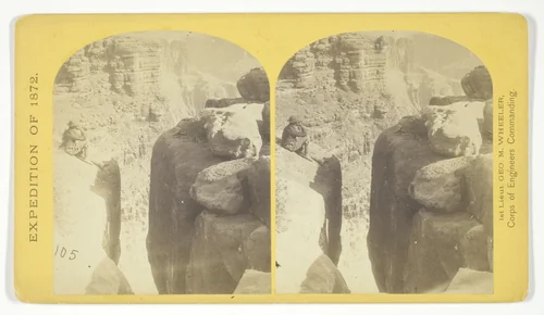 The northern wall of the Grand Cañon of the Colorado, near the foot of To-ro-weap valley. The rounded rocks of the foreground are sand-stone, No. 14 from the series "Geographical Explorations and Surveys West of the 100th Meridian" by William H. Bell, photograph, 1872