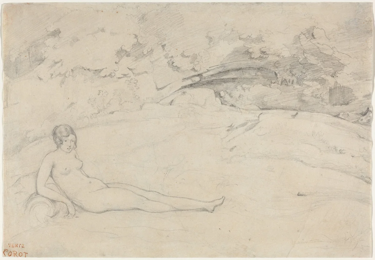 A Nude Reclining in a Landscape by Jean-Baptiste-Camille Corot, drawing, 1796-1875