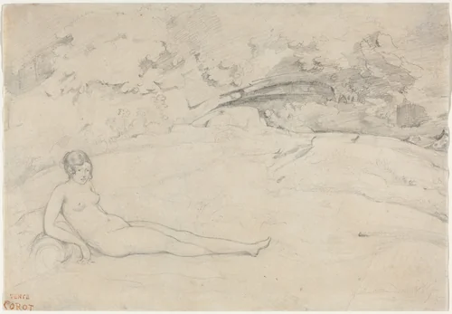 A Nude Reclining in a Landscape by Jean-Baptiste-Camille Corot, drawing, 1796-1875